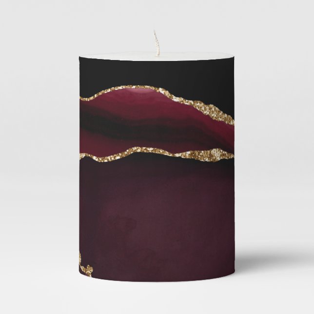 Marble Agate Chic Black Purple Gold Glitter Pillar Candle (Front)