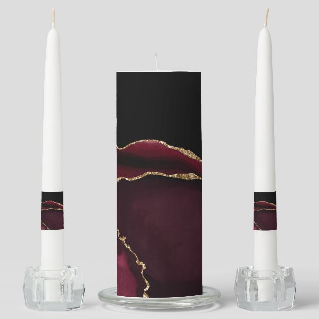 Marble Agate Chic Black Purple Gold Glitter Unity Candle Set (Front)