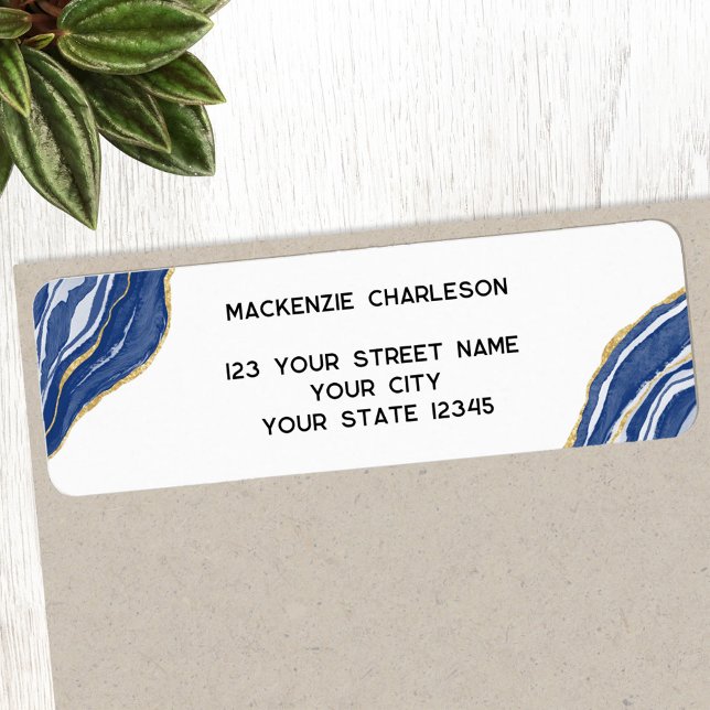 Marble Agate Geode Blue Return Address Label (Blue and white agate marble geode return address label)