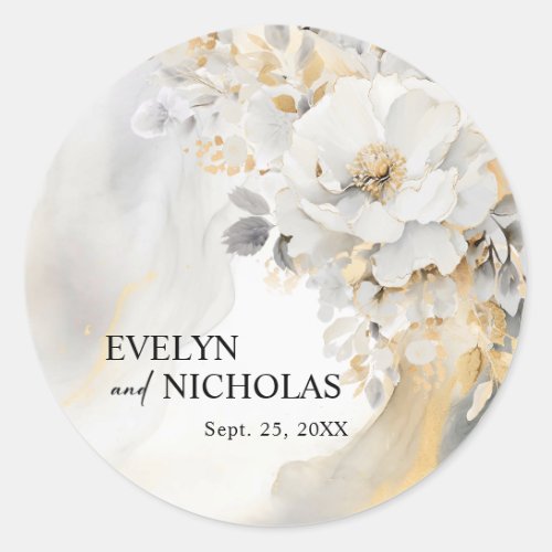 Marble Agate Gold Grey Floral Peony Flower Wedding Classic Round Sticker