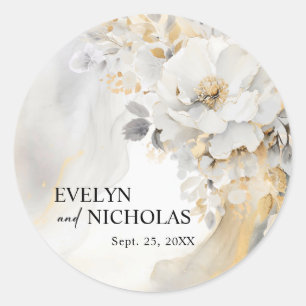 Marble Agate Gold Grey Floral Peony Flower Wedding Classic Round Sticker