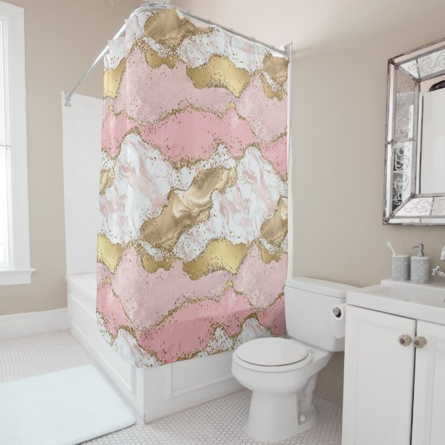 marble agate gold pink shower curtain (In Situ)