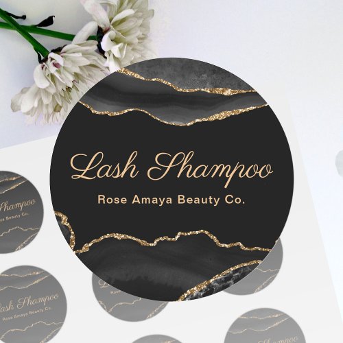 Marble Agate Lash Shampoo Black And Gold Classic Round Sticker