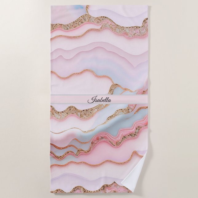 Marble Agate Modern Blue Pink Gold Collection Beach Towel (Front)