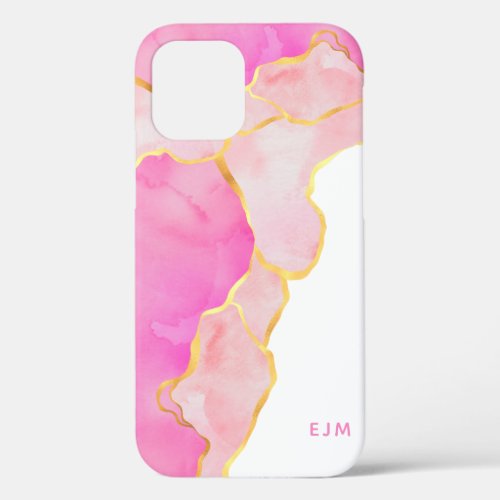 Marble Agate Monogrammed Initial Pink Gold Foil iPhone 12 Case