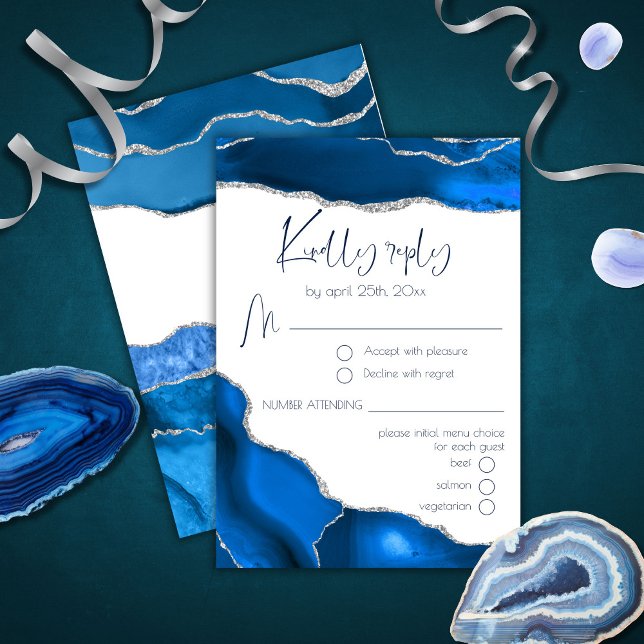 Marble Agate Royal blue Menu Choice Wedding RSVP (Creator Uploaded)