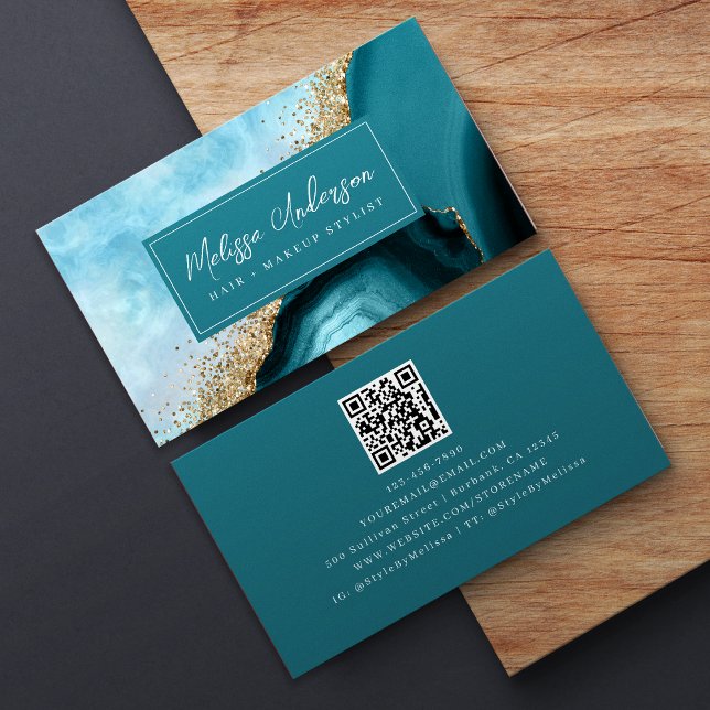 Marble Agate Teal Gold Glitter QR Code Business Card (Creator Uploaded)