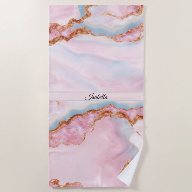 Marble Agate Trendy Blue Pink Gold Collection Beach Towel (Front)