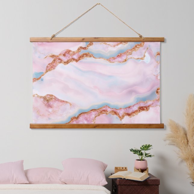 Marble Agate Trendy Blue Pink Gold Collection Hanging Tapestry (Bedroom)
