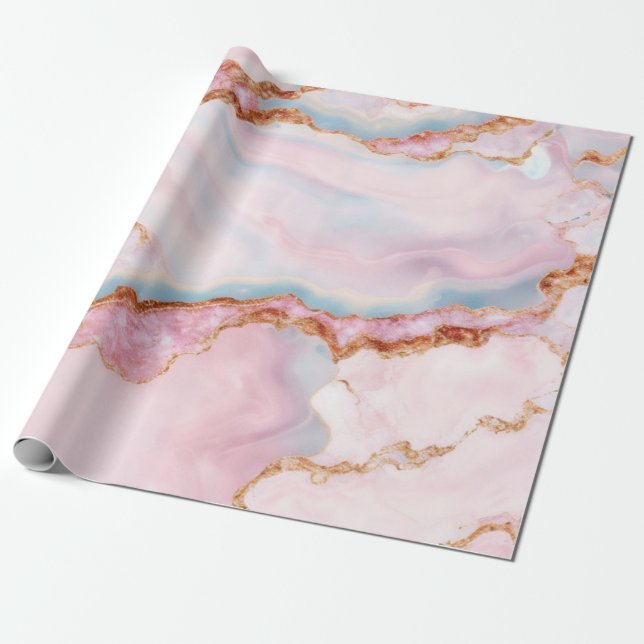 Marble Agate Trendy Blue Pink Gold Collection Wrapping Paper (Unrolled)