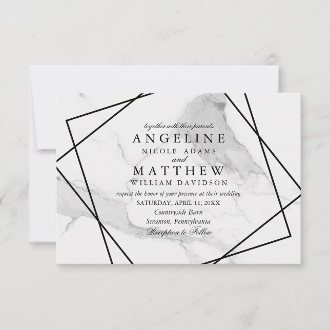 Marble and Black & White Geometric Wedding Invite (Front)