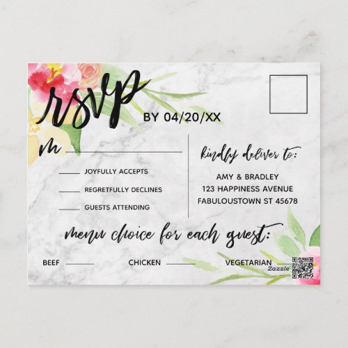 Marble and Boho Flowers Menu Choice RSVP Postcard