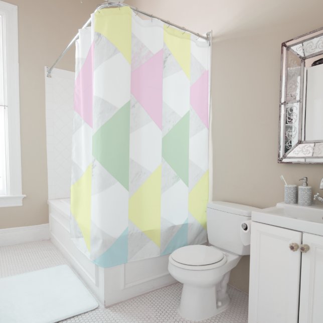 Marble and colorful triangles shower curtain (In Situ)