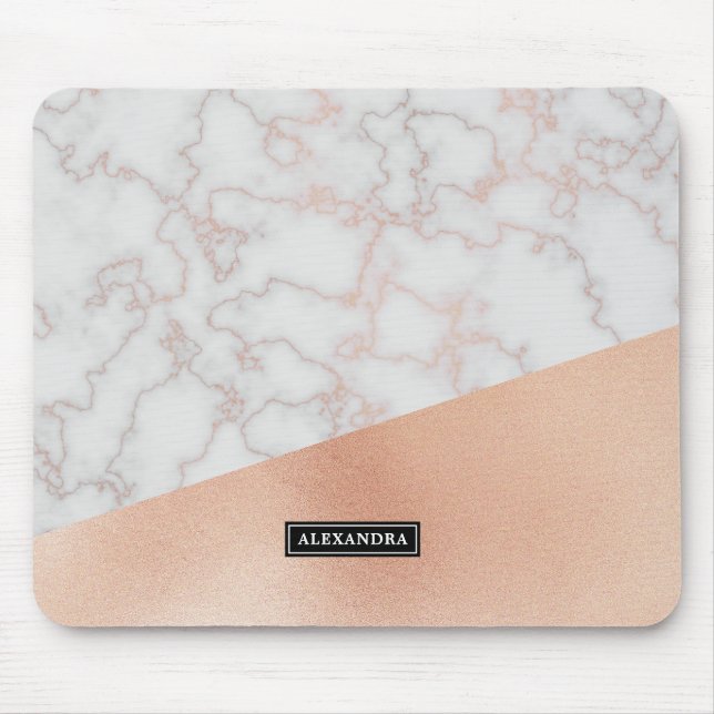 Marble and Faux Rose Gold Custom Name Mouse Pad (Front)