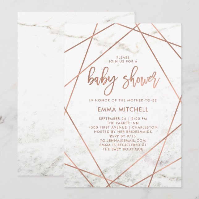 Marble and Faux Rose Gold Geometric Baby Shower Invitation (Front/Back)