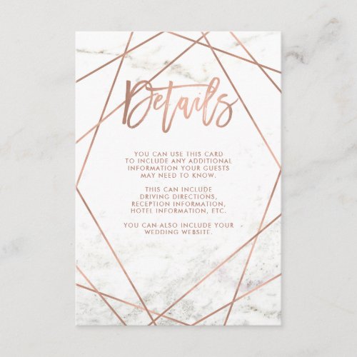 Marble and Faux Rose Gold Geometric Guest Details Enclosure Card
