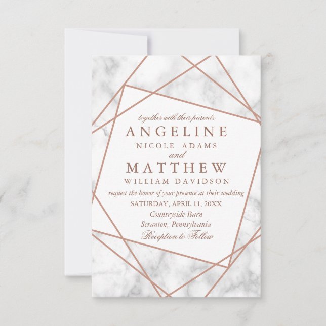 Marble and Faux Rose Gold Geometric Wedding Invite (Front)