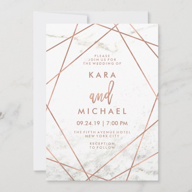 Marble and Faux Rose Gold Geometric Wedding Invite (Front)