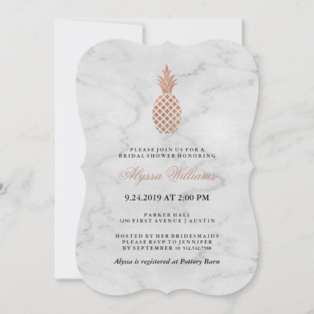 Marble and Faux Rose Gold Pineapple Bridal Shower Invitation (Front)