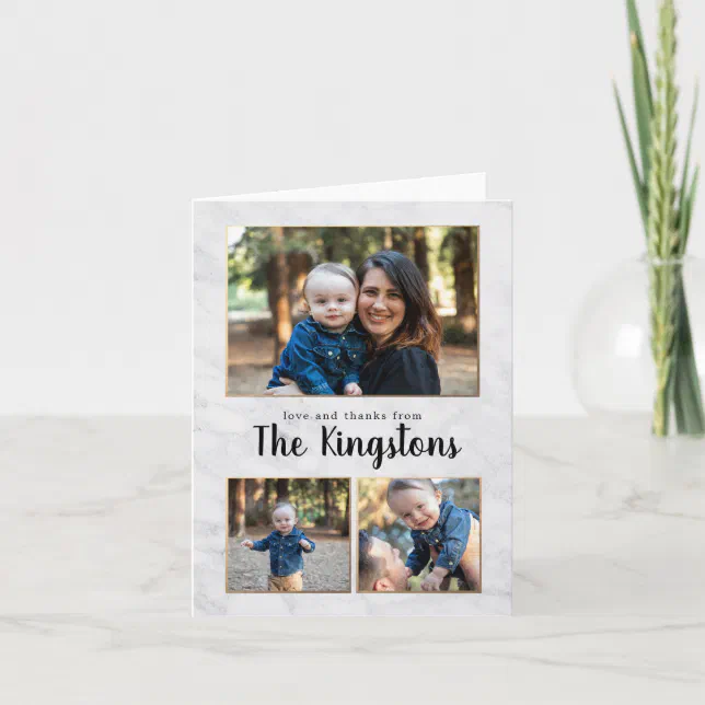 Marble and Gold 3 Photo Collage Thank You Cards | Zazzle