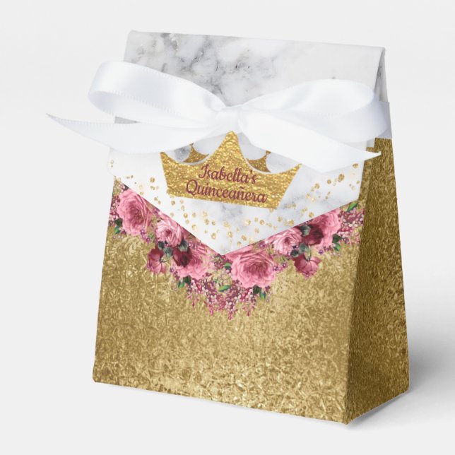 Marble and Gold Flowers and Crown Favor Box (Front Side)