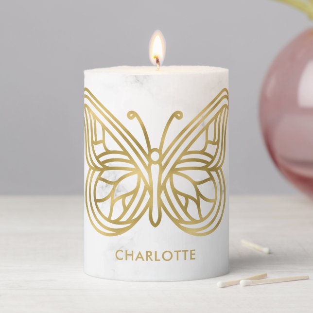 Marble and Gold Geometric Butterfly Personalized Pillar Candle (In Situ)