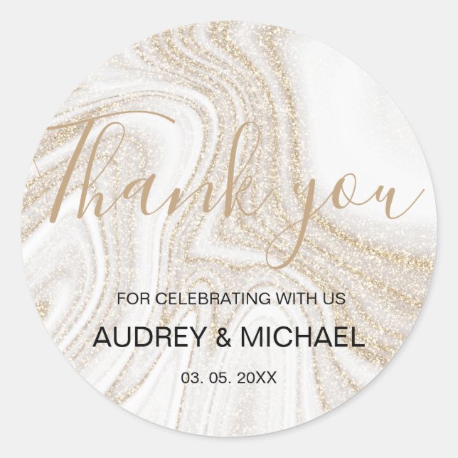 Marble and gold glitter modern typography classic round sticker (Front)