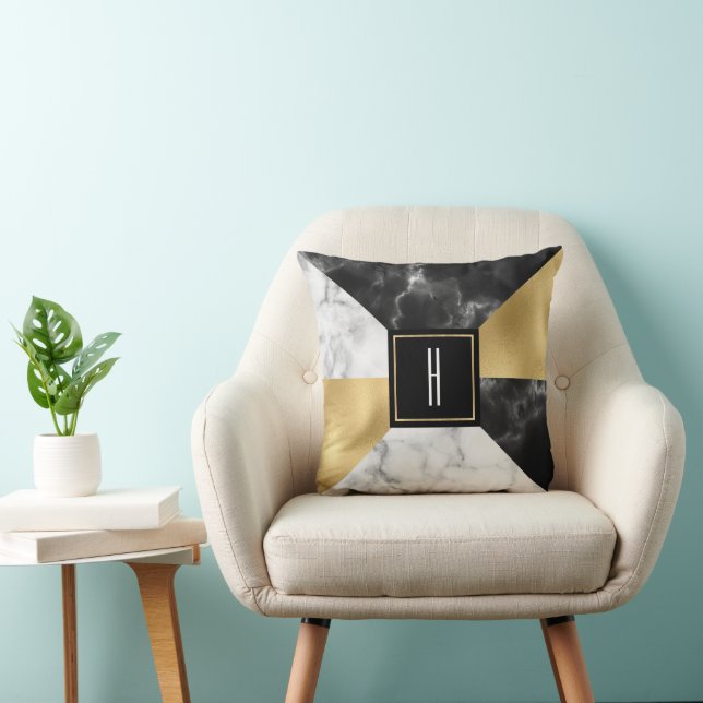 Marble and Gold Modern Monogrammed Throw Pillow (Chair)