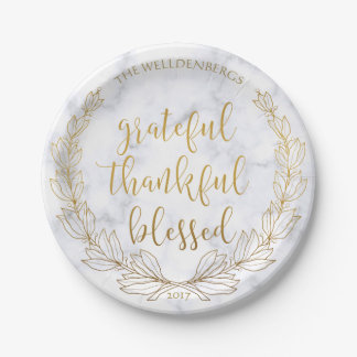 Marble and Gold Wreath Grateful Thankful Blessed Paper Plates