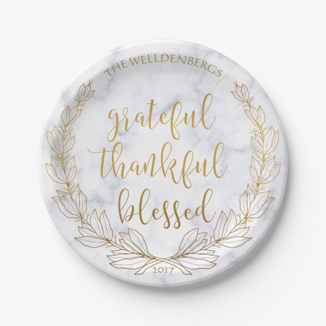 Marble and Gold Wreath Grateful Thankful Blessed Paper Plates (Front)