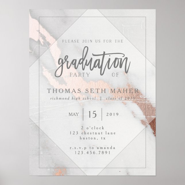 MARBLE AND ROSE GOLD GRADUATION INVITATION POSTCAR POSTER (Front)