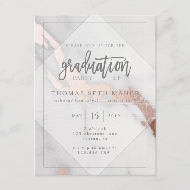 MARBLE AND ROSE GOLD GRADUATION INVITATION POSTCARD (Front)