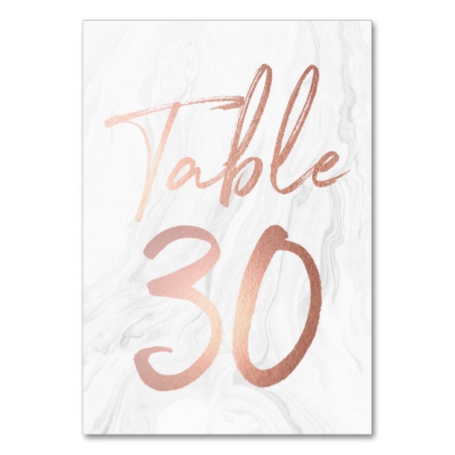Marble and Rose Gold Script | Table Number Card 30 (Front)