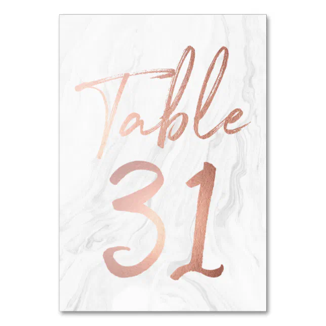 Marble and Rose Gold Script | Table Number Card 31 | Zazzle