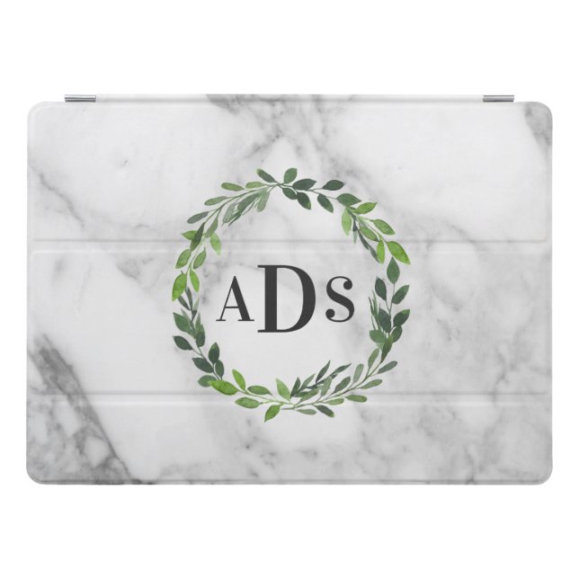 Marble and watercolor foliage monogram iPad pro cover (Horizontal)