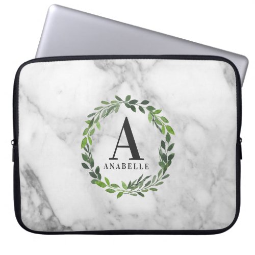 Marble and watercolor foliage personalized laptop sleeve