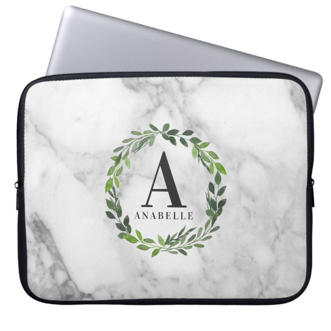 Marble and watercolor foliage personalized laptop sleeve (Front)