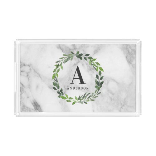 Marble and watercolor wreath initial acrylic tray