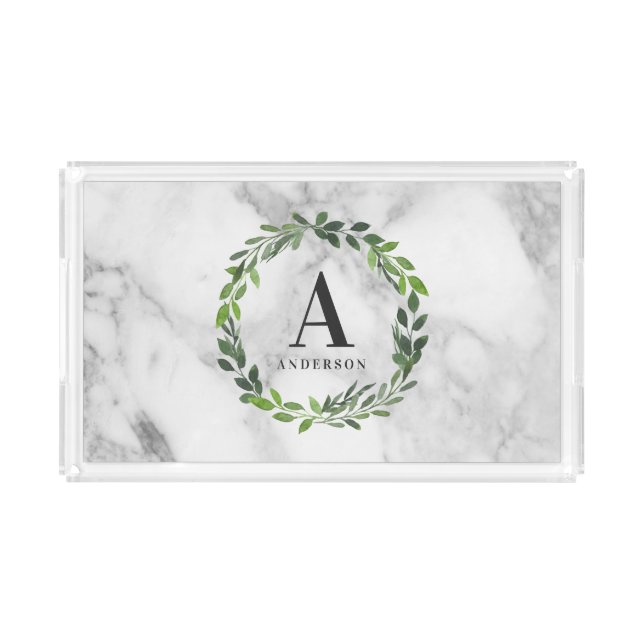 Marble and watercolor wreath initial acrylic tray (Front)