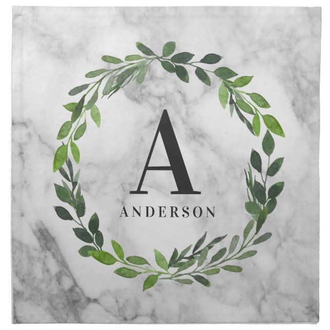 Marble and watercolor wreath initial cloth napkin (Front)