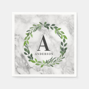 Marble and watercolor wreath initial napkins