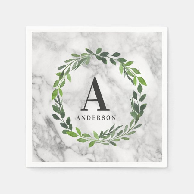 Marble and watercolor wreath initial napkins (Front)