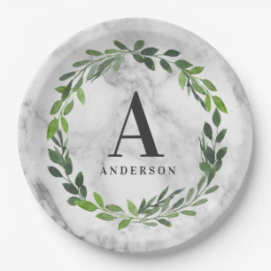 Marble and watercolor wreath initial paper plates