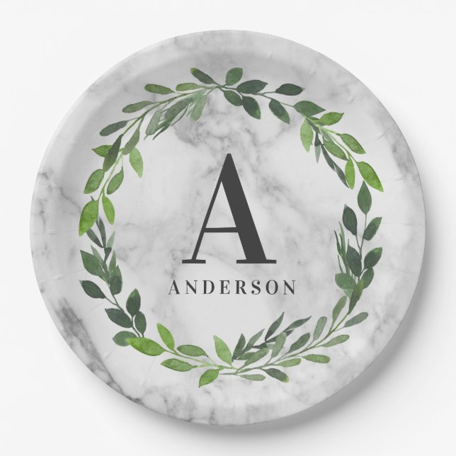 Marble and watercolor wreath initial paper plates (Front)