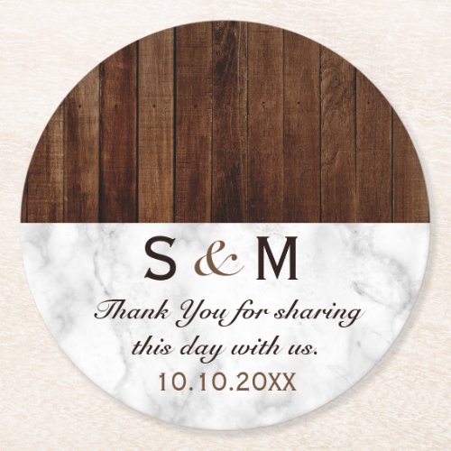 Marble and Wood Wedding Thank You Round Paper Coaster