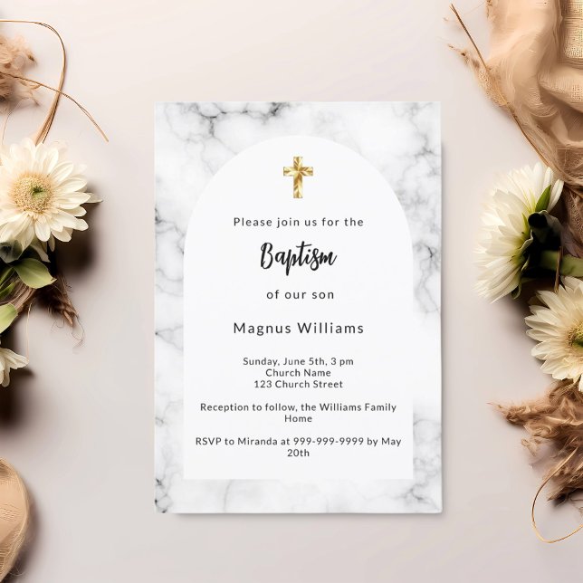 Marble arch gold cross baptism invitation (Creator Uploaded)