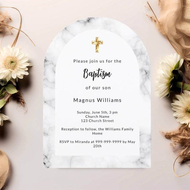 Marble arch gold cross baptism invitation (Creator Uploaded)