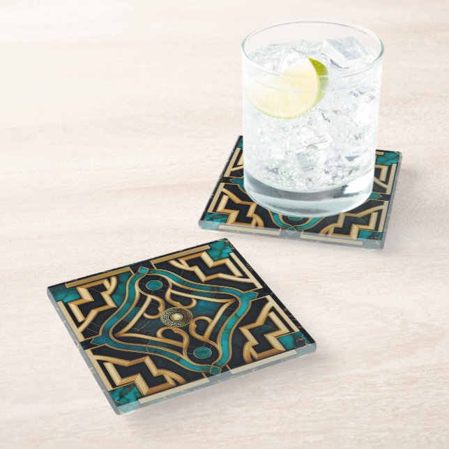 Marble Art Deco Greek Green Gold Mandala Luxury Glass Coaster (Angled)