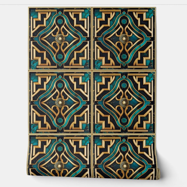 Marble Art Deco Greek Green Gold Mandala Luxury Wallpaper (Unrolling)