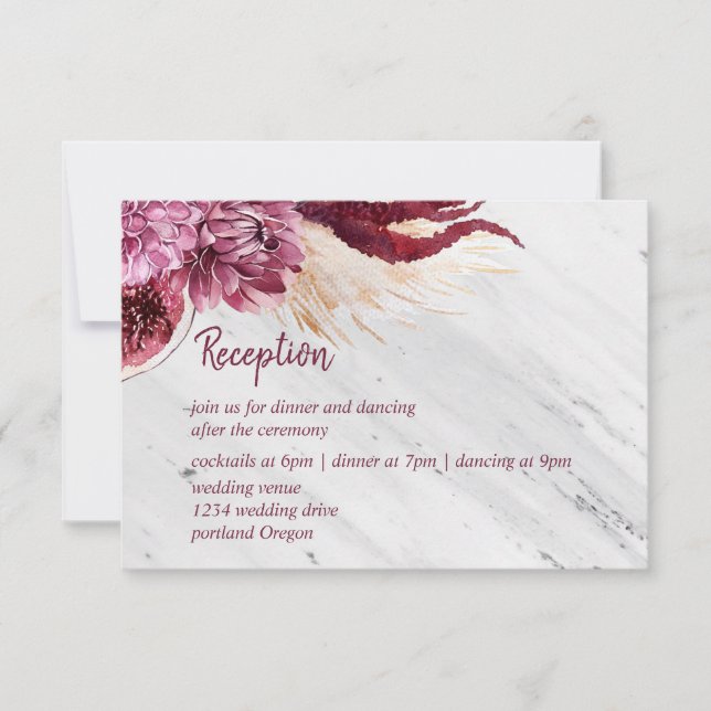 Marble & Autumn Burgundy Wedding Reception Details RSVP Card (Front)